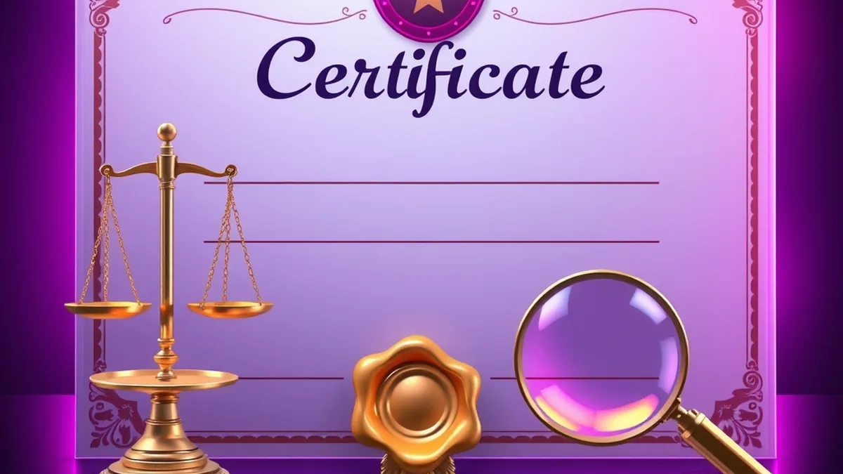Certificate with wax seal, shield and scales checking if Spinboss is legit