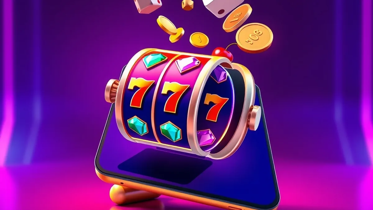 Smartphone with slot reels and coins popping out, Spinboss casino app