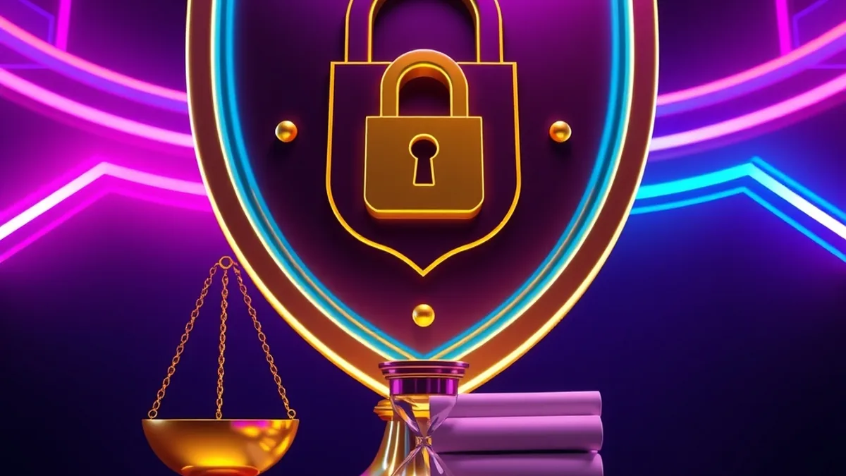Glowing shield, golden scales and documents representing casino safety and licensing