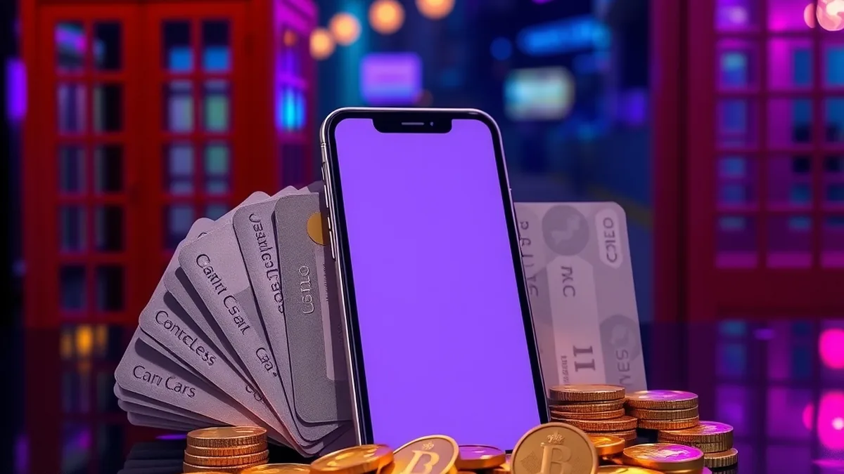 Bank cards, e-wallet phone and coins showing casino deposit payment methods