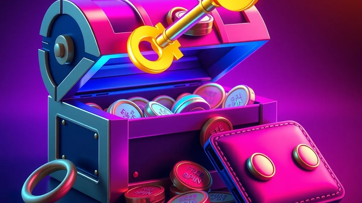 Golden key opening a treasure chest of free spins, no deposit bonus concept