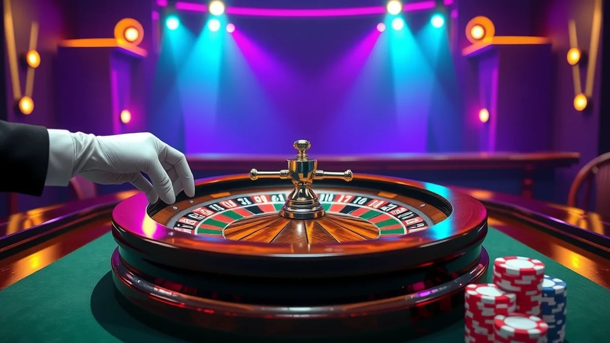 Dealer's hands spinning a live roulette wheel with chip stacks on table
