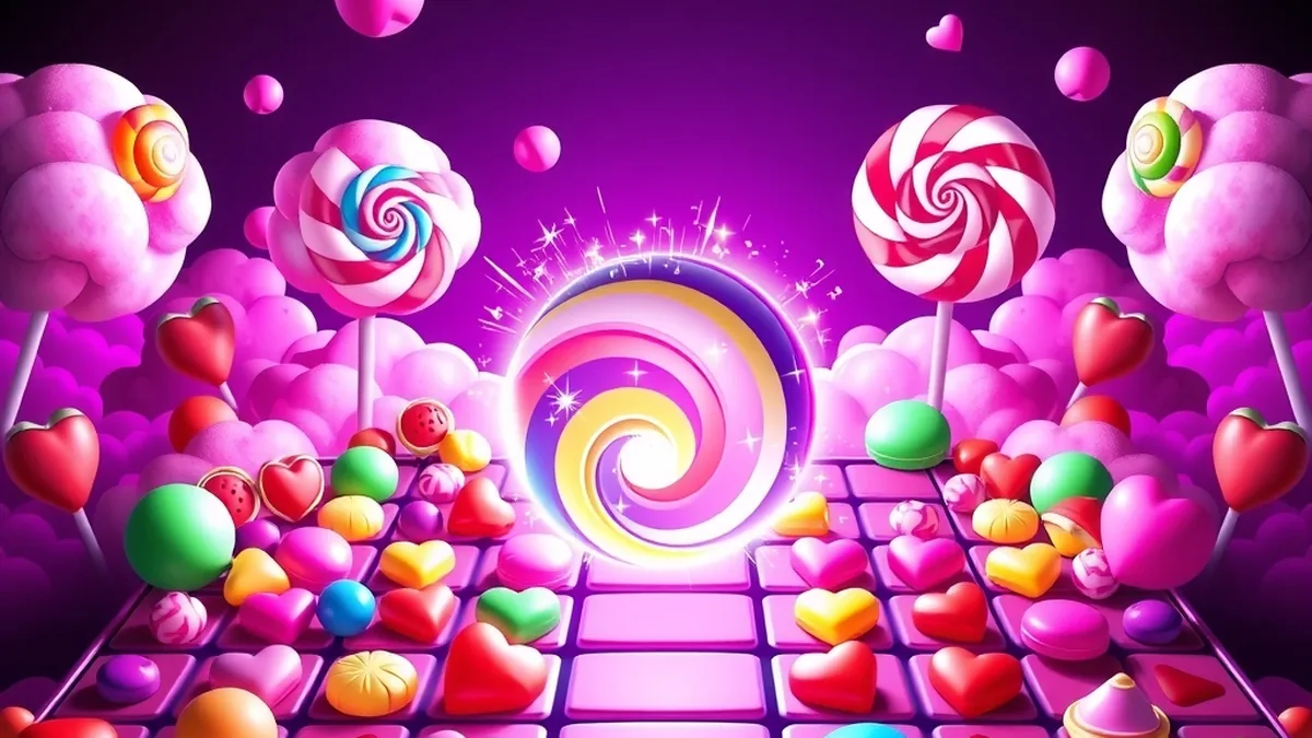 Rainbow candy bomb exploding among sweets and fruits, Sweet Bonanza slot